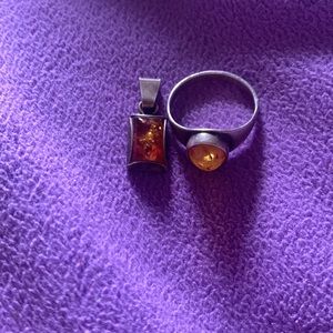 Silver Amber Necklace Charm with Matching Ring